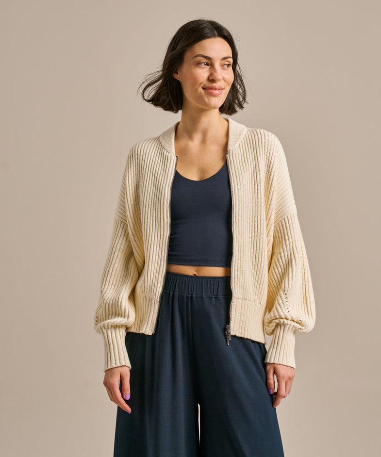 Bam2796 Full Zip Knitted Bomber Oat Milk Bam Clothing 1