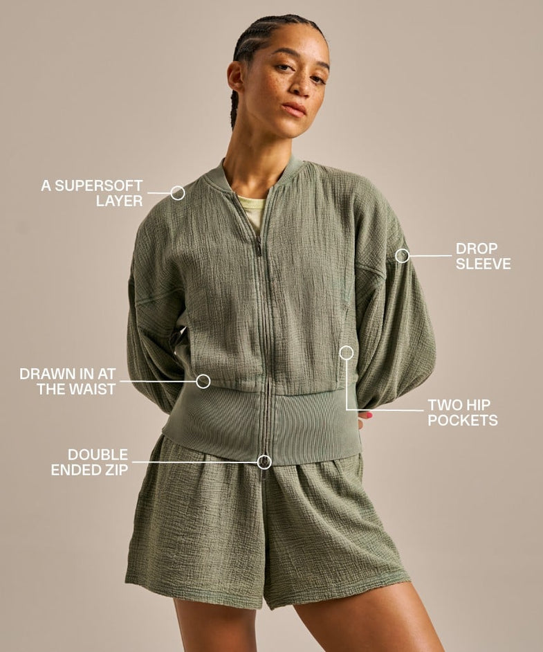Bam2830 Breathable Cotton Gauze Bomber Jacket Bamboo Clothing Washed Khaki