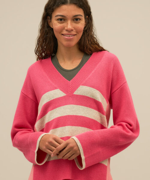 Bam2140 V Neck Merino Jumper Pink Stripe Bamboo Clothing 2