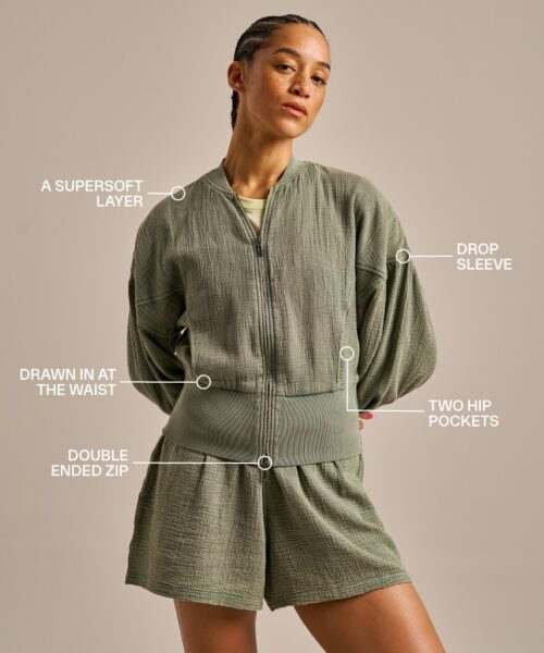 Bam2830 Breathable Cotton Gauze Bomber Jacket Bamboo Clothing Washed Khaki